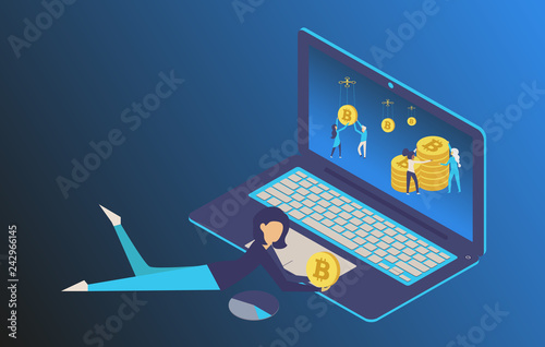 Cryptocurrency and blockchain isometric composition with business manager, analyst at work. Digital money market, investment, finance and trading. Vector isometric illustration.