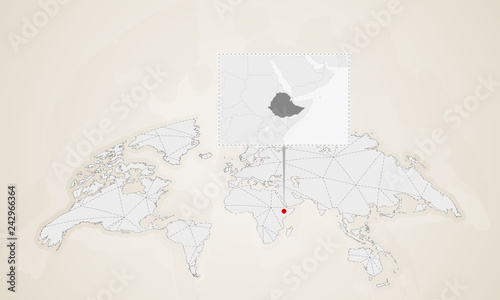 Map of Ethiopia with neighbor countries pinned on world map.