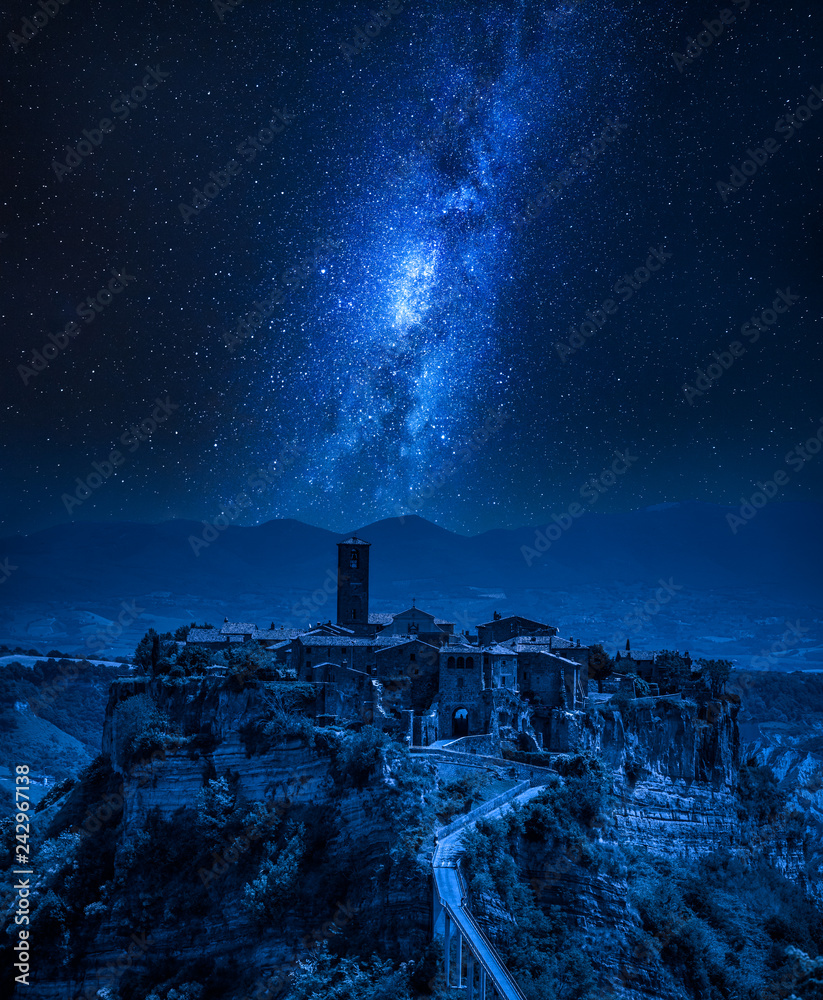 Milky way over old town of Bagnoregio, Italy