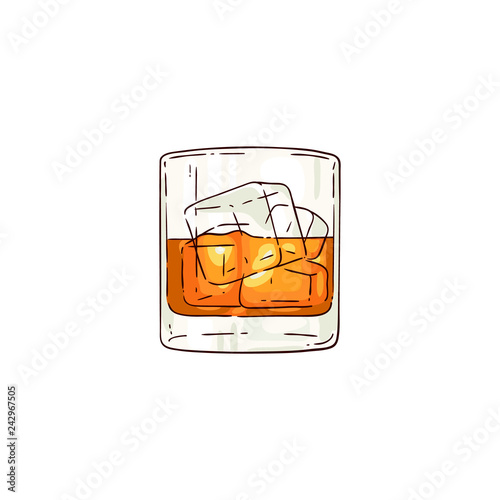 Vector whiskey or rum glass with ice cubes sketch icon. Alcohol drink cup for luxury celebration or product advertising design. Party drink shot with orange liquid. Isolated illustration