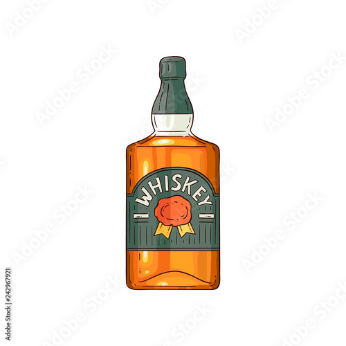 Vector whiskey scotch glass bottle sketch icon. labeled bottle for bourbon, rum alcohol product advertising design. Restaurant, cafe drink menu design element. Isolated illustration