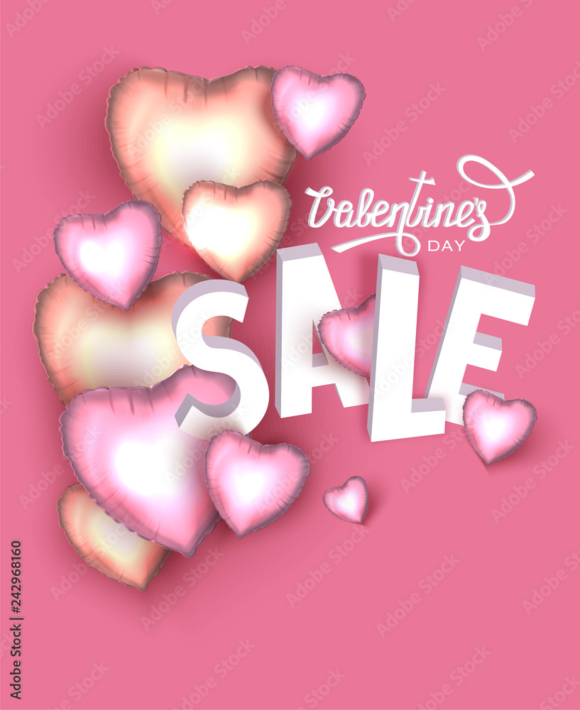 Valentine's Day sale banner with inflatable hearts. Vector illustration