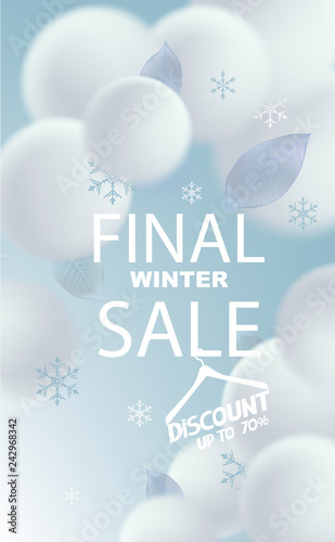 Final winter sale banner with sceleton leaves, snowflakes and snowballs. Vector illustration