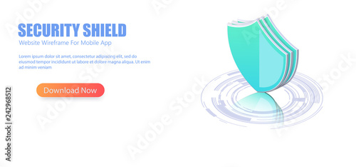 Online server protection system . 3D isometric illustration of security shield server for data protection concept landing page or web template design.