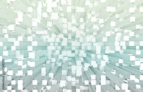 Glowing white and blue squares background pattern 3D rendering
