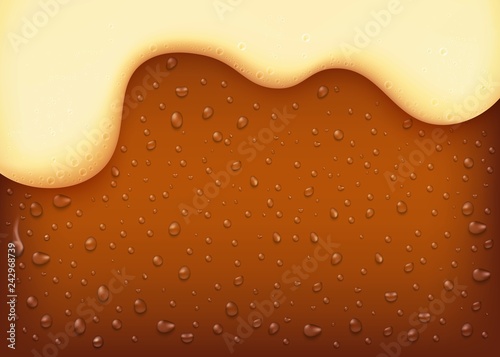 vector dark beer background. Yellow beverage with water bubbles and white thick foam. Alcohol refreshing drink backdrop for brewery packaging design.