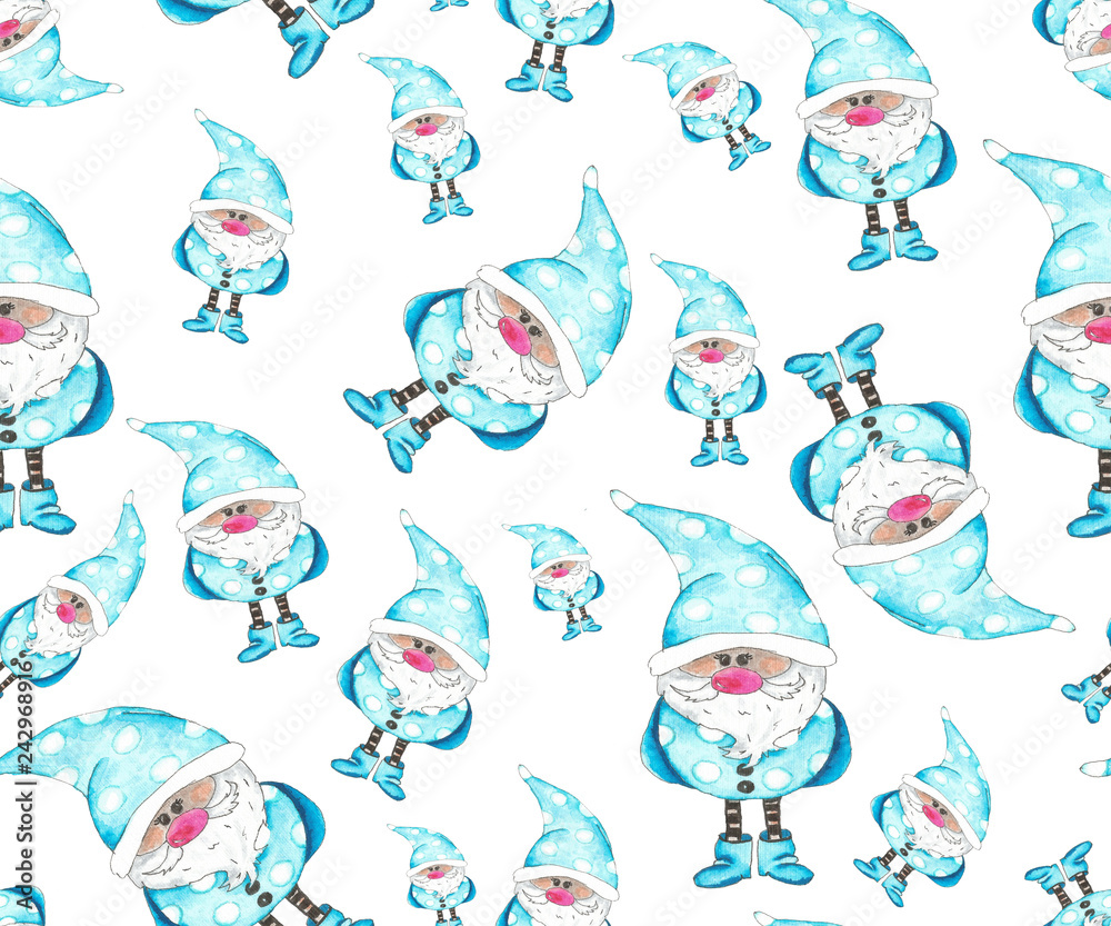 Fototapeta premium Watercolor scandinavian winter elf in blue isolated on white, seamless pattern background