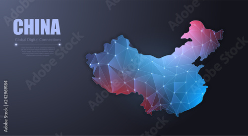 Abstract map of China. Wire frame 3D mesh polygonal network connections. Vector illustration 