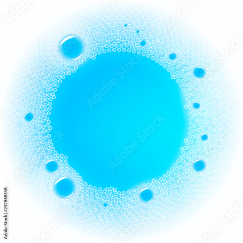 Vector white soap foam in blue liquid background. Water with shampoo or cleaning foam for bath, laundry or skin care related product packaging design backdrop.