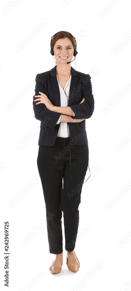 Female technical support operator with headset isolated on white Female technical support operator with headset isolated on white