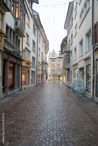 Schaffhausen, SH / Switzerland - January 5, 2019: the historic old town city center of Schaffhausen with its landmark buildings and architecture