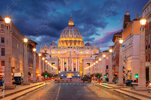 Rome, Vatican City. Cityscape image of illuminated Saint Peter`s Basilica and Street Via della Conciliazione, Vatican City, Rome, Italy. © rudi1976