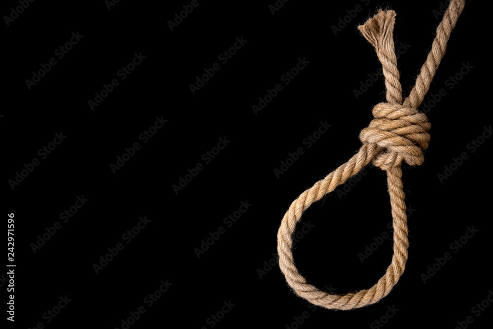 Rope on black background. Suicide. Running knot. Stock Photo