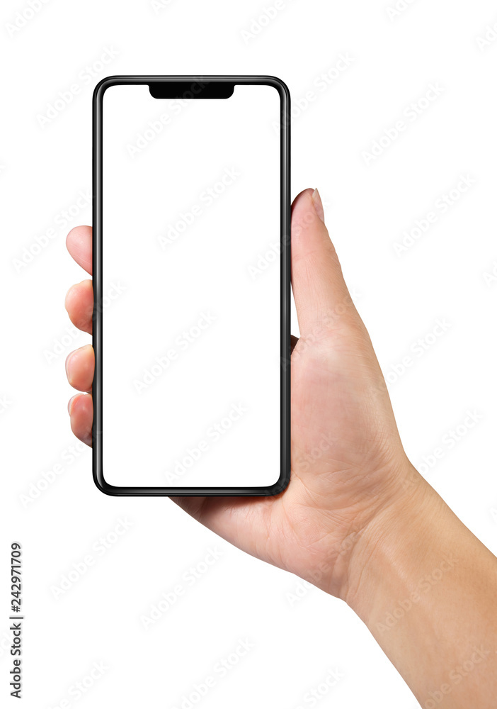 Man hand holding the black smartphone with blank screen and modern frame less design isolated on white Man hand holding the black smartphone with blank screen and modern frame less design isolated on white