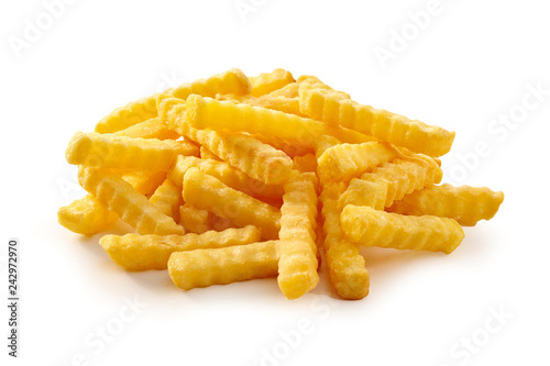 Pile of golden crispy crinkle cut Pommes Frites
