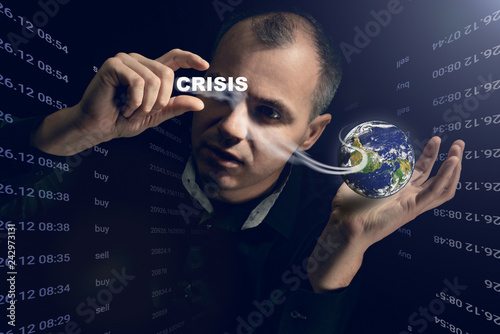 Critical situation. Man on a black background plays with his hands with futuristic objects. The forecast currency is dollar, bitcoint, euro. Unreal presentation. photo