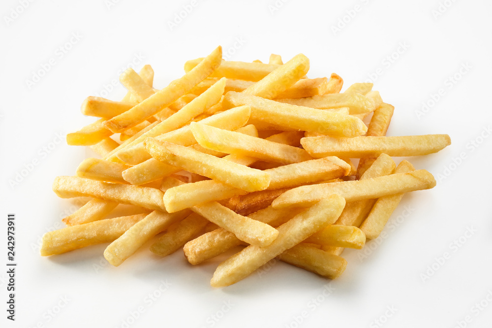 Portion of straight cut fried potato chips Portion of straight cut fried potato chips