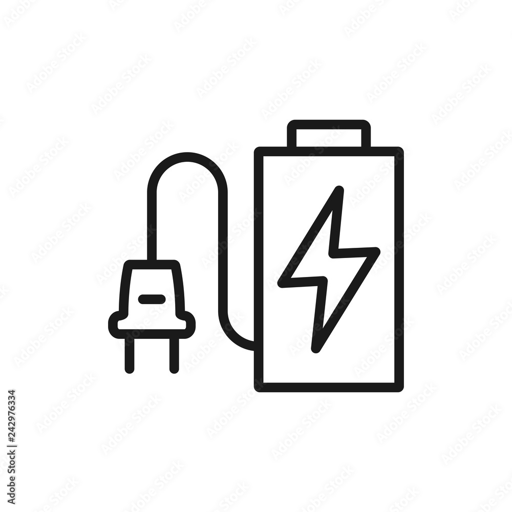 Battery with plug icon in modern line style. High quality gray outline pictogram for web site design and mobile apps. Vector illustration on a white background.