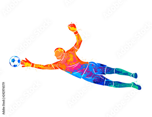 Leinwand Poster Abstract football goalkeeper is jumping for the ball Soccer from a splash of wat