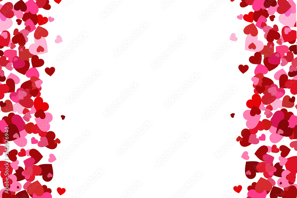 Flying heart confetti, valentines day background, romantic love simple texture. Frame of hearts. Valentine's Day card