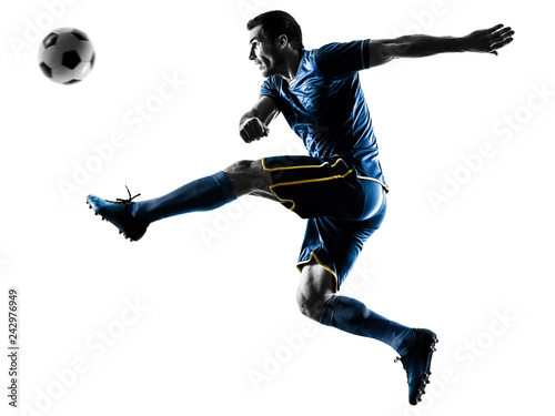 one caucasian soccer player man playing kicking in silhouette isolated on white background © snaptitude