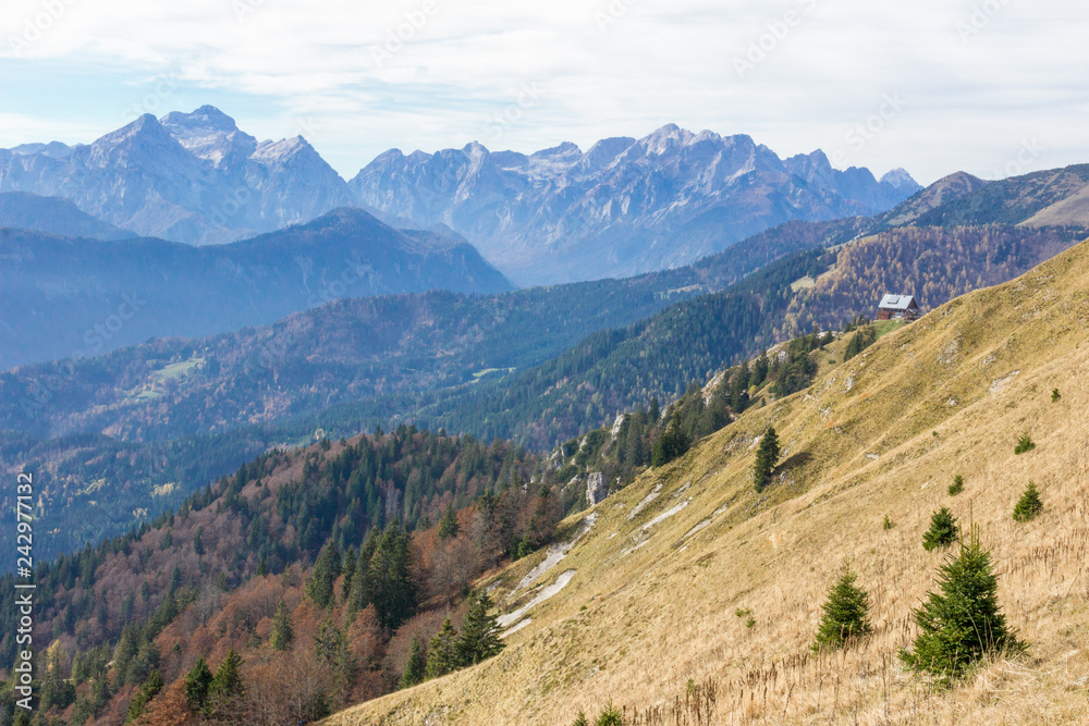 Panoramic view from mountain Golica in Karawanke with mountain hut in foreground, Slovenia Panoramic view from mountain Golica in Karawanke with mountain hut in foreground, Slovenia