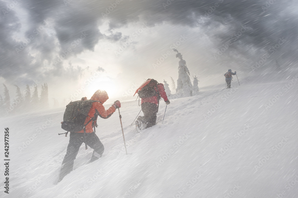 climbers in mountain snowfall