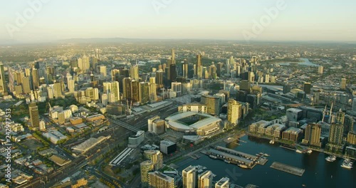 Aerial cityscape view at sunset Melbourne skyline Docklands