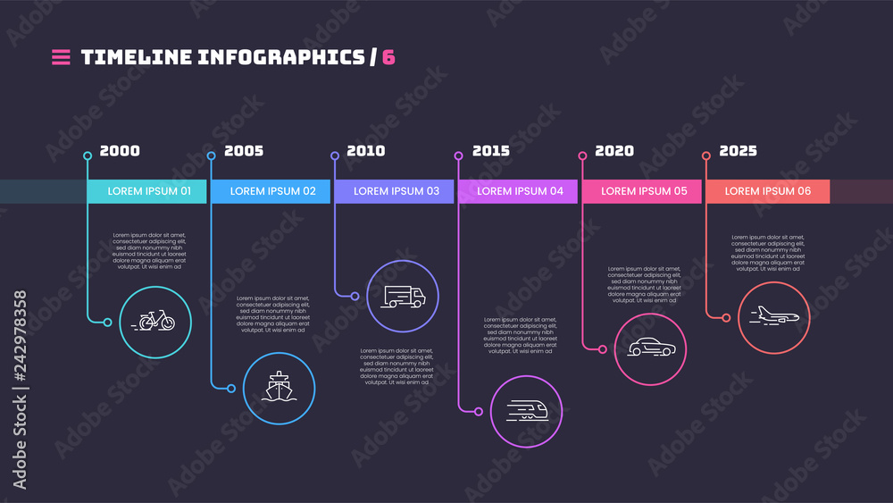 Thin line timeline minimal infographic concept with six periods  - obrazy, fototapety, plakaty 