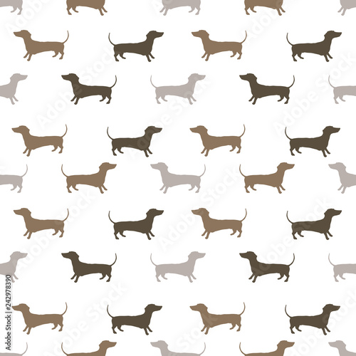 Seamless pattern of vector hand drawn doodle illustration badger dog silhouette in hues of brown color beige gray. Products surface design textile fabric gift wrapping paper. Vintage retro style