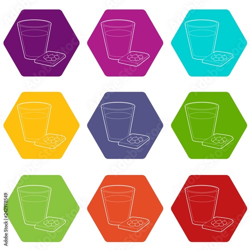 Glass of water and sleeping pills icons 9 set coloful isolated on white for web