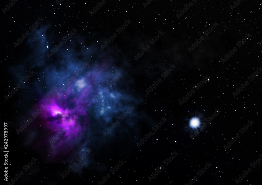 Star field in space and a nebulae. 3D rendering Star field in space and a nebulae. 3D rendering