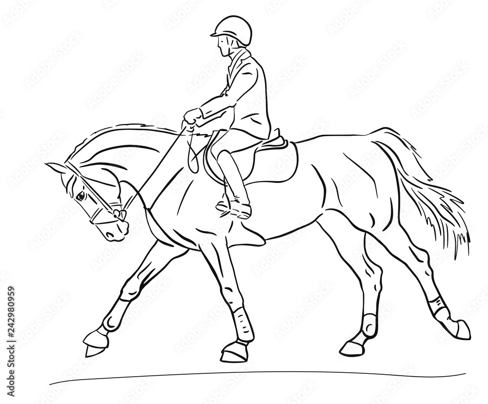 Sketch of a show jumping rider cantering on ahorse. Sketch of a show jumping rider cantering on ahorse.