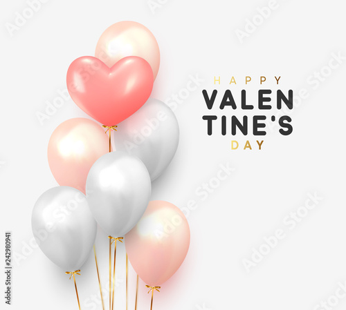 Happy Valentines Day. Realistic Balloons group in shape heart with gold ribbon. 3d ballon isolated on white background. Romantic poster, greeting cards, headers, website.