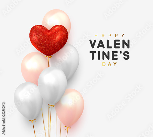 Happy Valentines Day. Realistic Balloons group in shape heart with gold ribbon. 3d ballon isolated on white background. Romantic poster, greeting cards, headers, website.