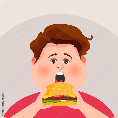 Fat guy is eating a big hamburger. Vector illustration.