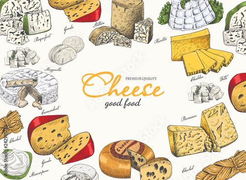 Vector horizontal background with different color cheeses in sketch style