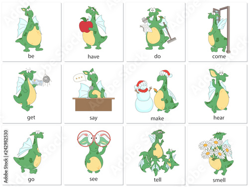 Irregular english verbs with funny dragon