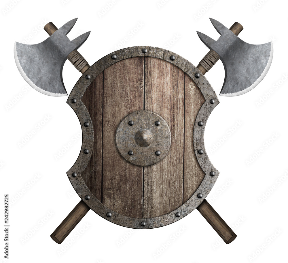 Wooden medieval shield with crossed battle axes 3d illustration