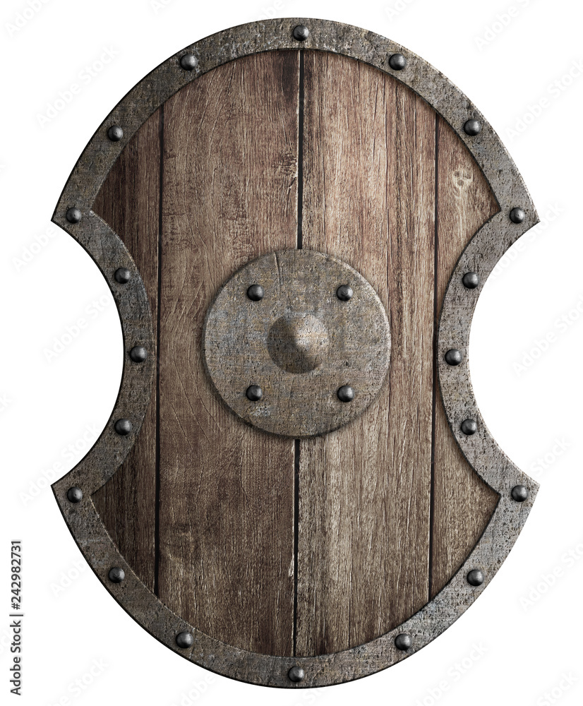 Large wooden shield with metal frame isolated 3d illustration