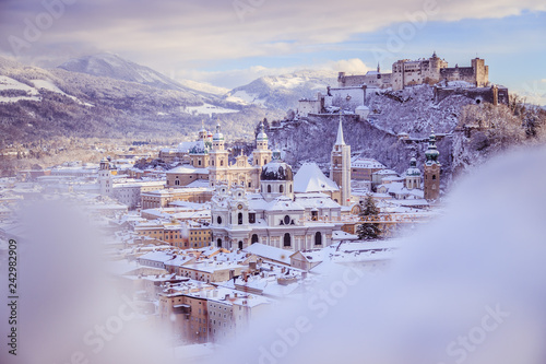 Panorama of Salzburg in winter  Snowy historical center  sunshine