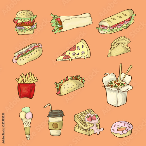 Isolated handdrawn fastfood illustrations on white background.