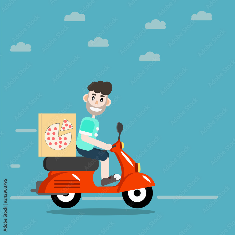 man on the scooter, curly guy, red scooter, person is traveling, Pizza deliveryman, Pizza delivery on a scooter, motobike man on the scooter, curly guy, red scooter, person is traveling, Pizza deliveryman, Pizza delivery on a scooter, motobike