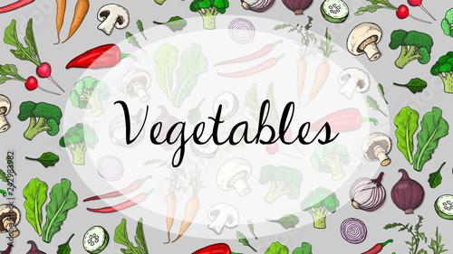 Vector Illustration with Vegetables Pattern: Salad, Carrot, Radish, Broccoli, Tomatoes, Cucumber, Pepper, Onion, Mushrooms