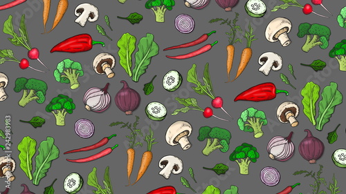 Vector Illustration with Vegetables Pattern Chalkboard Style: Salad, Carrot, Radish, Broccoli, Tomatoes, Cucumber, Pepper, Onion, Mushrooms