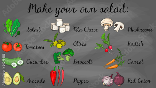 Vector Illustration of Salad Menu Template Chalkboard Style: Salad, Carrot, Radish, Broccoli, Tomatoes, Cucumber, Pepper, Onion, Mushrooms, Feta Cheese, Olives, Avocado