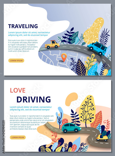 Set of web page design templates for travelling, journey, trip, car tour, roads and auto. Street Map with navigation icons. Navigation concept. Vector illustration