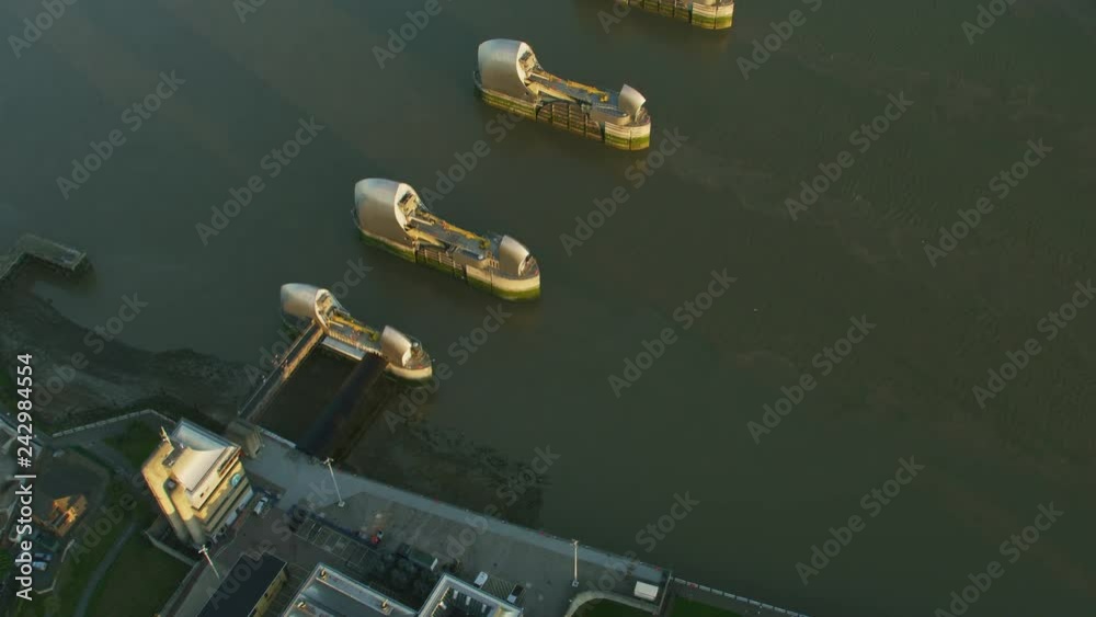 Aerial sunrise view Thames Barrier flood defence London