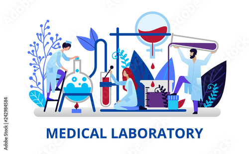Health care concept in flat style. Doctors doing laboratory research. Chemical research and pharmacists. Vector illustration for web banners, brochure cover design and flyer layout template