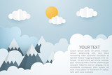 Creative vector illustration of mountain landscape with sun and clouds paper cut style.